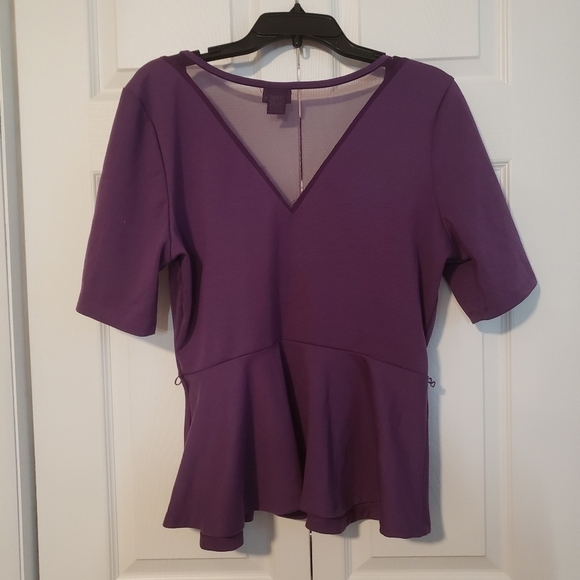 𝅺d2-10 Plum Purple Elbow Sleeve Sheer  V Back Scoop Neck Scuba Peplum Top XL - Picture 6 of 9